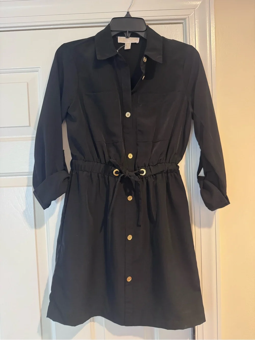Michael Kors Black W/ Gold Button Dress w/ Drawstring Waist Slimming / Size XS